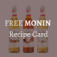 Load image into Gallery viewer, Monin Caramel Syrup, Hazelnut Syrup and Vanilla Syrup with Free Recipe Card for Cocktails and Coffee
