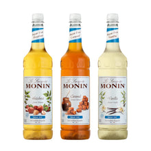 Load image into Gallery viewer, Monin Sugar Free Caramel Syrup, Sugar Free Hazelnut Syrup and Sugar Free Vanilla Syrup with Free Recipe Card for Cocktails and Coffee
