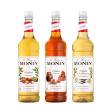 Load image into Gallery viewer, Monin Caramel Syrup, Hazelnut Syrup and Vanilla Syrup with Free Recipe Card for Cocktails and Coffee
