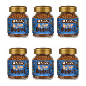 6X Beanies Nutty Hazelnut Flavoured Instant Coffee Jars: 50g per jar