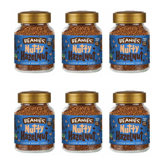 6X Beanies Nutty Hazelnut Flavoured Instant Coffee Jars: 50g per jar